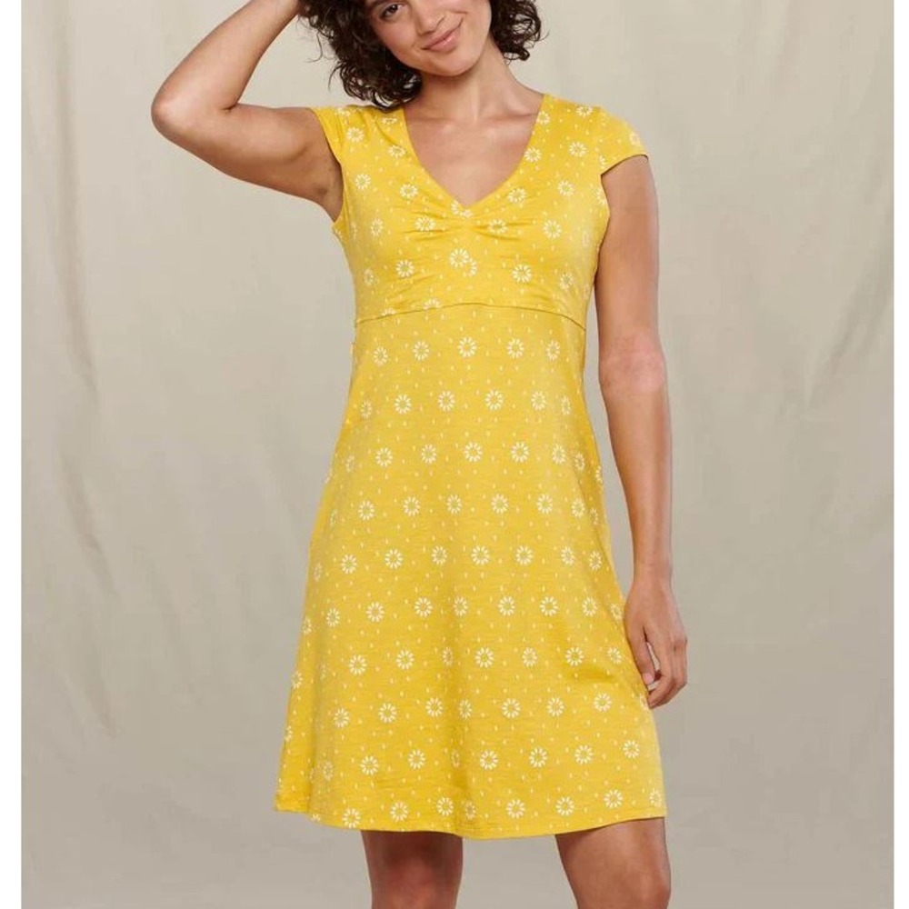 Toad&Co Rosemarie Dress Lemon Sunflower Print Knit‎ V Neck Casual Womens